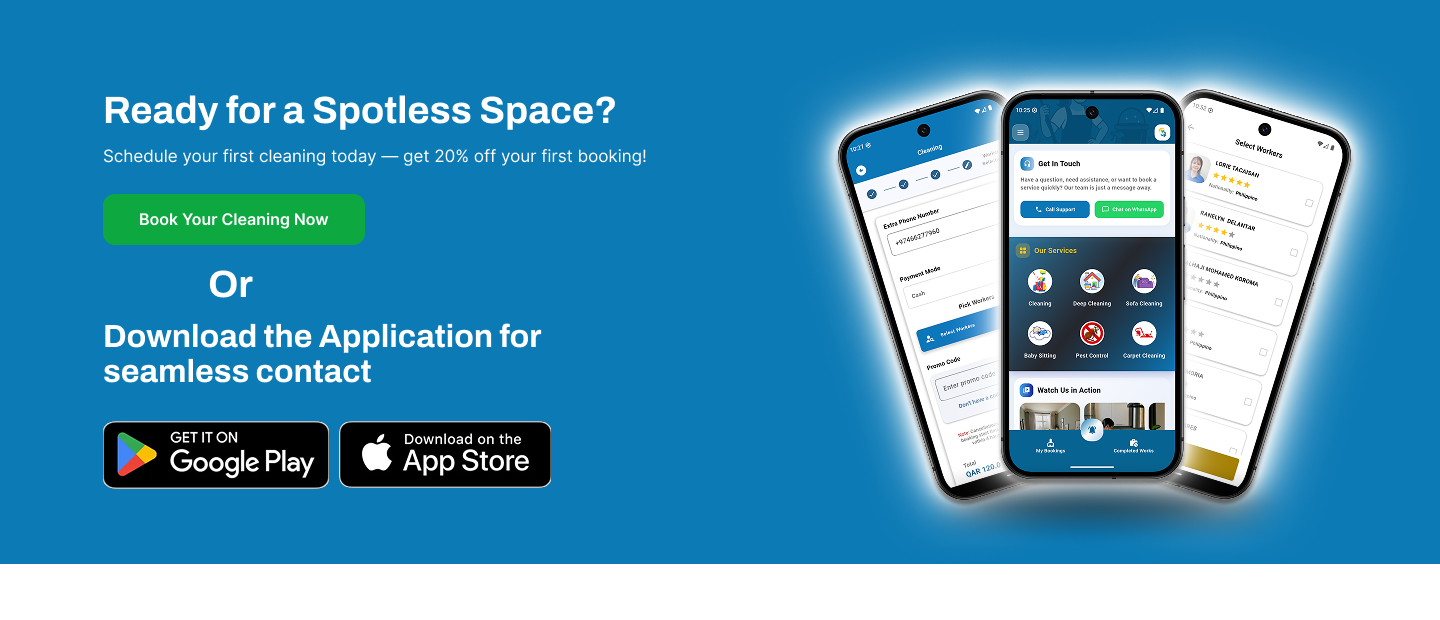 Ready for a spotless space: schedule your first cleaning with 20% off, or download the app on Google Play and the App Store